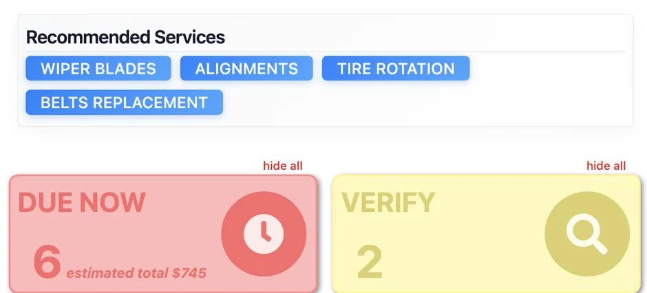 The Maintenance Hunter counter screen for a sample car: recommended services, and 6 services due now, estimated total $745, and 2 to verify