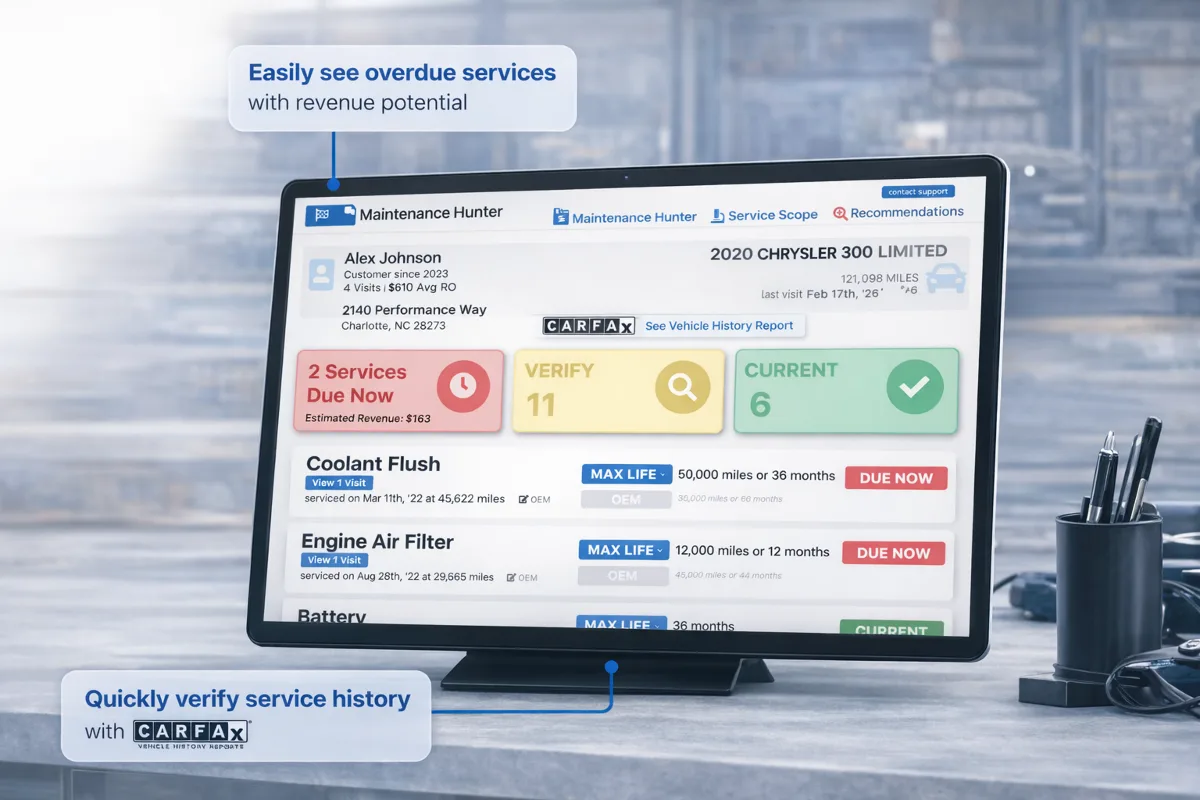 Maintenance Hunter showing overdue services with revenue potential and CARFAX service history verification