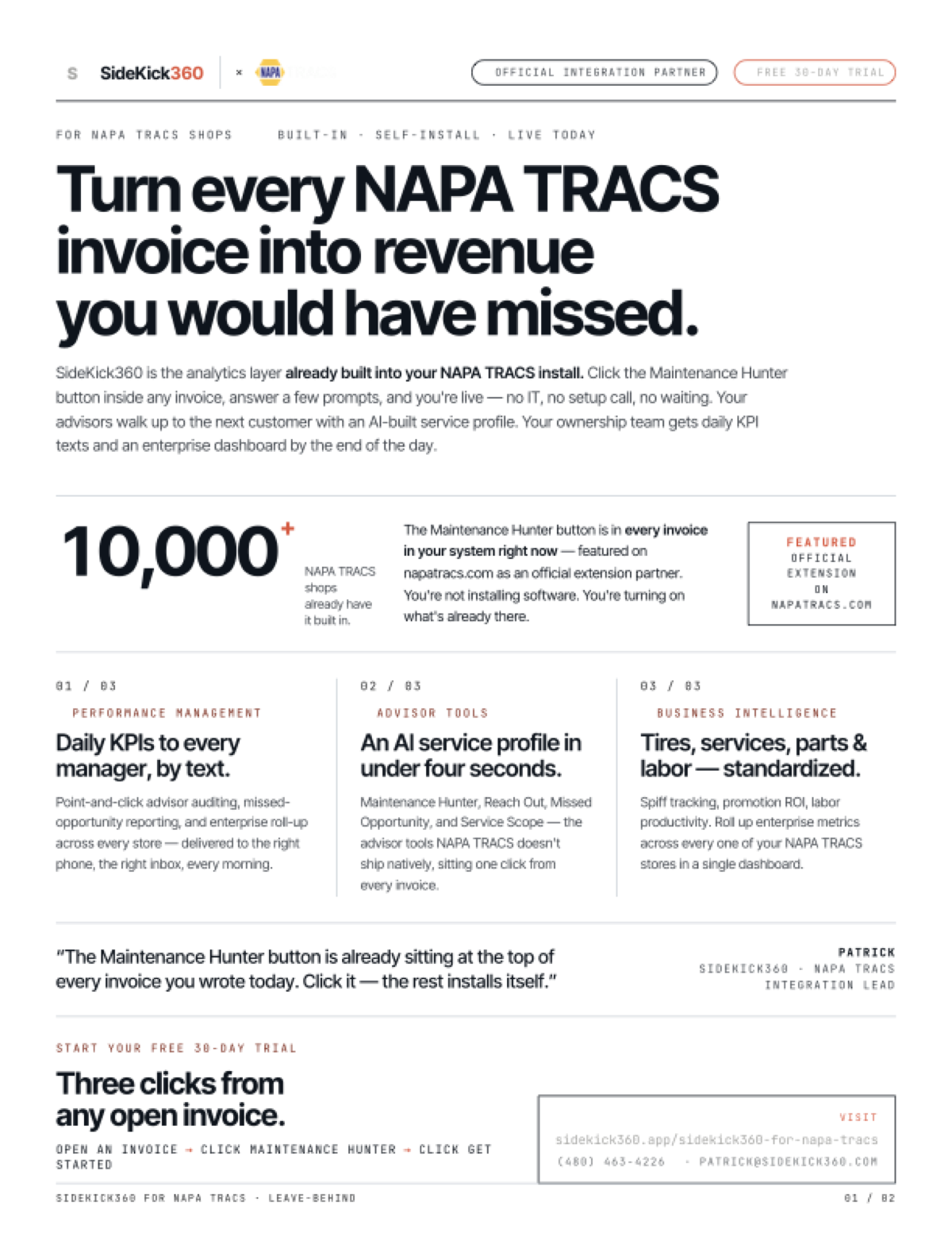 Prefer a PDF? Grab the NAPA TRACS + SideKick360 leave-behind.